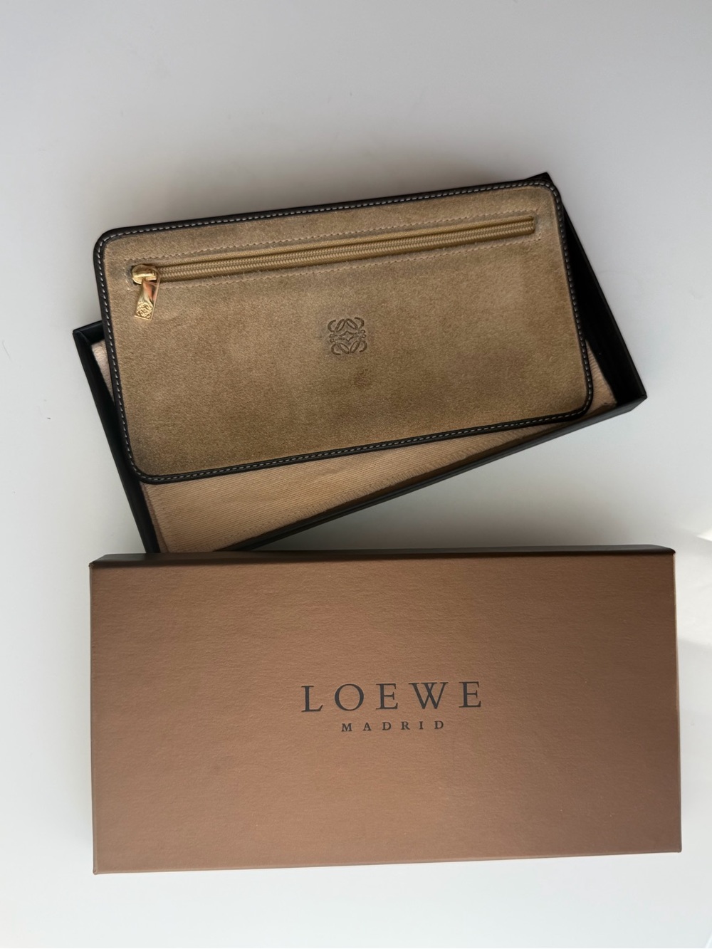 Loewe Metallic Gold Suede Zip Wallet with Black Trim